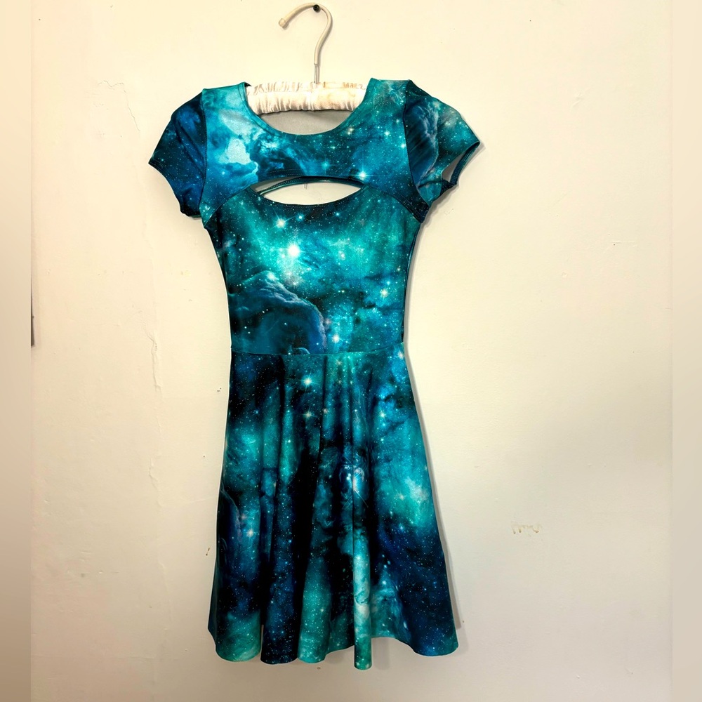 Black Milk Galaxy Turquoise Peephole Mini Skater Dress - Limited